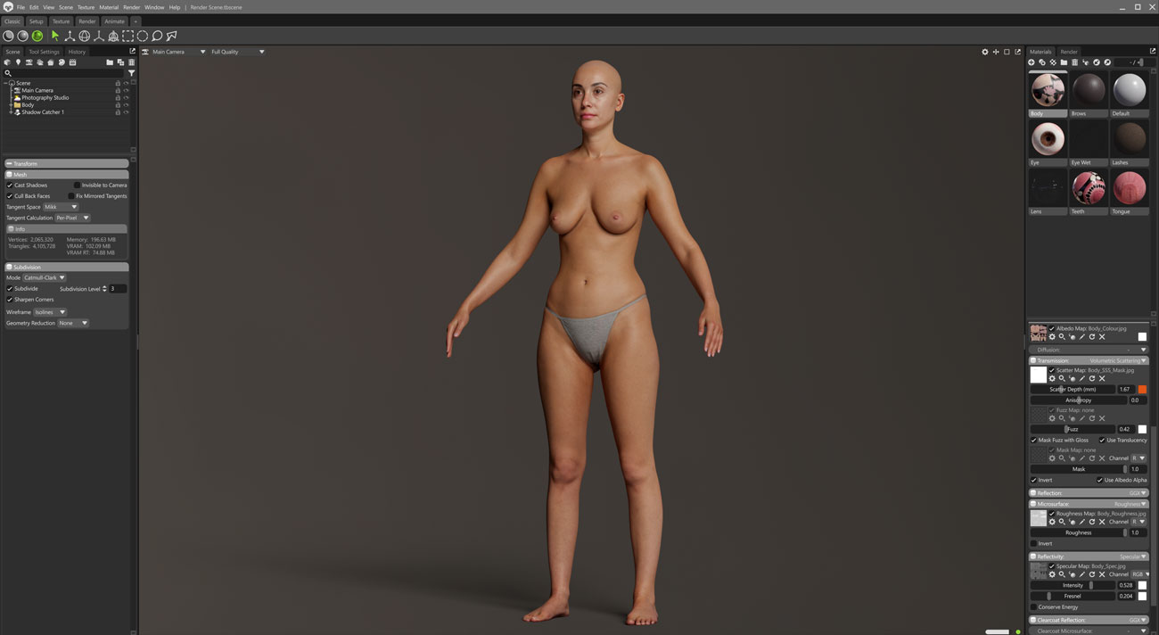 Marmoset Toolbag real-time render of a female full body 3D scan with PBR lighting and skin shading